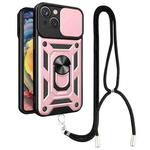 For iPhone 14 Lanyard Slide Camshield Ring Phone Case (Rose Gold)