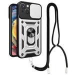 For iPhone 14 Lanyard Slide Camshield Ring Phone Case (Silver)