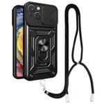 For iPhone 14 Plus Lanyard Slide Camshield Ring Phone Case (Black)