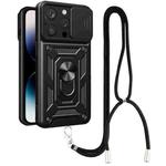 For iPhone 14 Pro Lanyard Slide Camshield Ring Phone Case(Black)