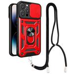 For iPhone 14 Pro Max Lanyard Slide Camshield Ring Phone Case (Red)