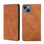 For iPhone 14 Plus Skin Feel Magnetic Leather Phone Case (Light Brown)