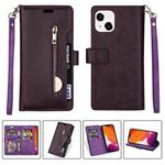 For iPhone 14 Multifunctional Zipper Horizontal Flip Leather Case (Purple)