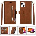 For iPhone 14 Multifunctional Zipper Horizontal Flip Leather Case (Brown)