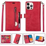 For iPhone 14 Pro Multifunctional Zipper Horizontal Flip Leather Case(Red)