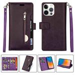 For iPhone 14 Pro Max Multifunctional Zipper Horizontal Flip Leather Case(Purple)