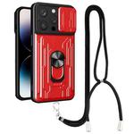 For iPhone 14 Pro Lanyard Slide Camshield Card Phone Case(Red)