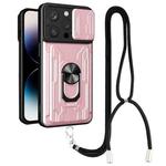 For iPhone 14 Pro Lanyard Slide Camshield Card Phone Case(Rose Gold)