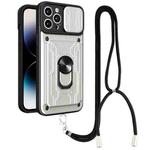 For iPhone 14 Pro Max Lanyard Slide Camshield Card Phone Case (White)