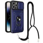 For iPhone 14 Pro Max Lanyard Slide Camshield Card Phone Case (Royal Blue)