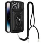 For iPhone 14 Pro Max Lanyard Slide Camshield Card Phone Case (Black)