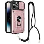 For iPhone 14 Pro Max Lanyard Slide Camshield Card Phone Case (Rose Gold)