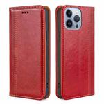 For iPhone 14 Pro Max Grid Texture Magnetic Flip Leather Phone Case (Red)