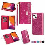 For iPhone 14 Multi-card Slots Laser Carving Glitter Zipper Leather Case (Rose Red)