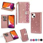 For iPhone 14 Multi-card Slots Laser Carving Glitter Zipper Leather Case (Rose Gold)