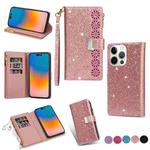 For iPhone 14 Pro Multi-card Slots Laser Carving Glitter Zipper Leather Case(Rose Gold)