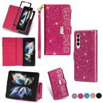 For Samsung Galaxy Z Fold 4 Multi-card Slots Laser Carving Glitter Zipper Leather Case(Rose Red)