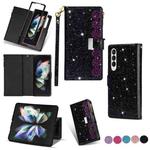 For Samsung Galaxy Z Fold 4 Multi-card Slots Laser Carving Glitter Zipper Leather Case(Black)