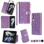 For Samsung Galaxy Z Fold 4 Multi-card Slots Laser Carving Glitter Zipper Leather Case(Purple)