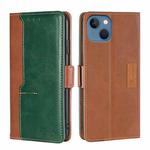 For iPhone 14 Contrast Color Side Buckle Leather Phone Case (Light Brown + Green)
