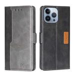 For iPhone 14 Pro Max Contrast Color Side Buckle Leather Phone Case (Black + Grey)