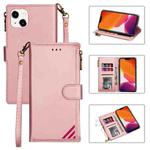 For iPhone 14 Zipper Multi-card Slots Horizontal Flip Leather Case (Rose Gold)