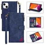For iPhone 14 Zipper Multi-card Slots Horizontal Flip Leather Case (Blue)