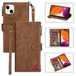 For iPhone 14 Zipper Multi-card Slots Horizontal Flip Leather Case (Brown)