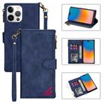 For iPhone 14 Pro Zipper Multi-card Slots Horizontal Flip Leather Case(Blue)