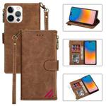 For iPhone 14 Pro Zipper Multi-card Slots Horizontal Flip Leather Case(Brown)