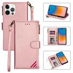 For iPhone 14 Pro Max Zipper Multi-card Slots Horizontal Flip Leather Case(Rose Gold)