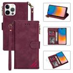 For iPhone 14 Pro Max Zipper Multi-card Slots Horizontal Flip Leather Case(Wine Red)