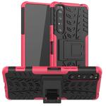 For Sony Xperia 1 II Tire Texture Shockproof TPU+PC Protective Case with Holder(Rose Red)