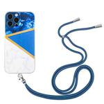 For iPhone 14 Pro Lanyard Stitching Marble TPU Case(Dark Blue)