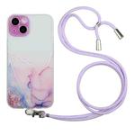 For iPhone 14 Plus Hollow Marble Pattern TPU Shockproof Protective Case with Neck Strap Rope(Pink)