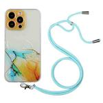 For iPhone 14 Pro Hollow Marble Pattern TPU Shockproof Protective Case with Neck Strap Rope(Yellow)