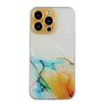 For iPhone 14 Pro Max Hollow Marble Pattern TPU Straight Edge Fine Hole Protective Case Pro Max(Yellow Blue)