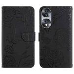 For Honor 70 HT03 Skin Feel Butterfly Embossed Flip Leather Phone Case(Black)