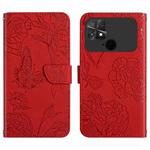 For Xiaomi Poco C40 HT03 Skin Feel Butterfly Embossed Flip Leather Phone Case(Red)