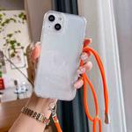 For iPhone 14 Plus Space Fine Hole Transparent TPU Protective Case with Lanyard(Orange)