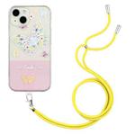 For iPhone 14 Plus Bronzing Butterfly Flower TPU Phone Case with Lanyard (Butterfly)