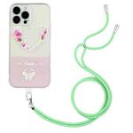 For iPhone 14 Pro Bronzing Butterfly Flower TPU Phone Case with Lanyard(Rose Heart)