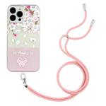 For iPhone 14 Pro Max Bronzing Butterfly Flower TPU Phone Case with Lanyard (Peach Blossoms)