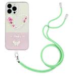 For iPhone 14 Pro Max Bronzing Butterfly Flower TPU Phone Case with Lanyard (Rose Heart)