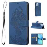For iPhone 14 Tiger Flower Embossing Leather Phone Case (Royal Blue)