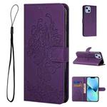 For iPhone 14 Tiger Flower Embossing Leather Phone Case (Purple)