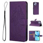 For iPhone 14 Plus Tiger Flower Embossing Leather Phone Case (Purple)