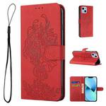 For iPhone 14 Plus Tiger Flower Embossing Leather Phone Case (Red)