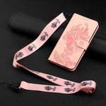 For iPhone 14 Pro Max Tiger Flower Embossing Lanyard Leather Phone Case (Pink)