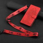 For iPhone 14 Pro Max Tiger Flower Embossing Lanyard Leather Phone Case (Red)